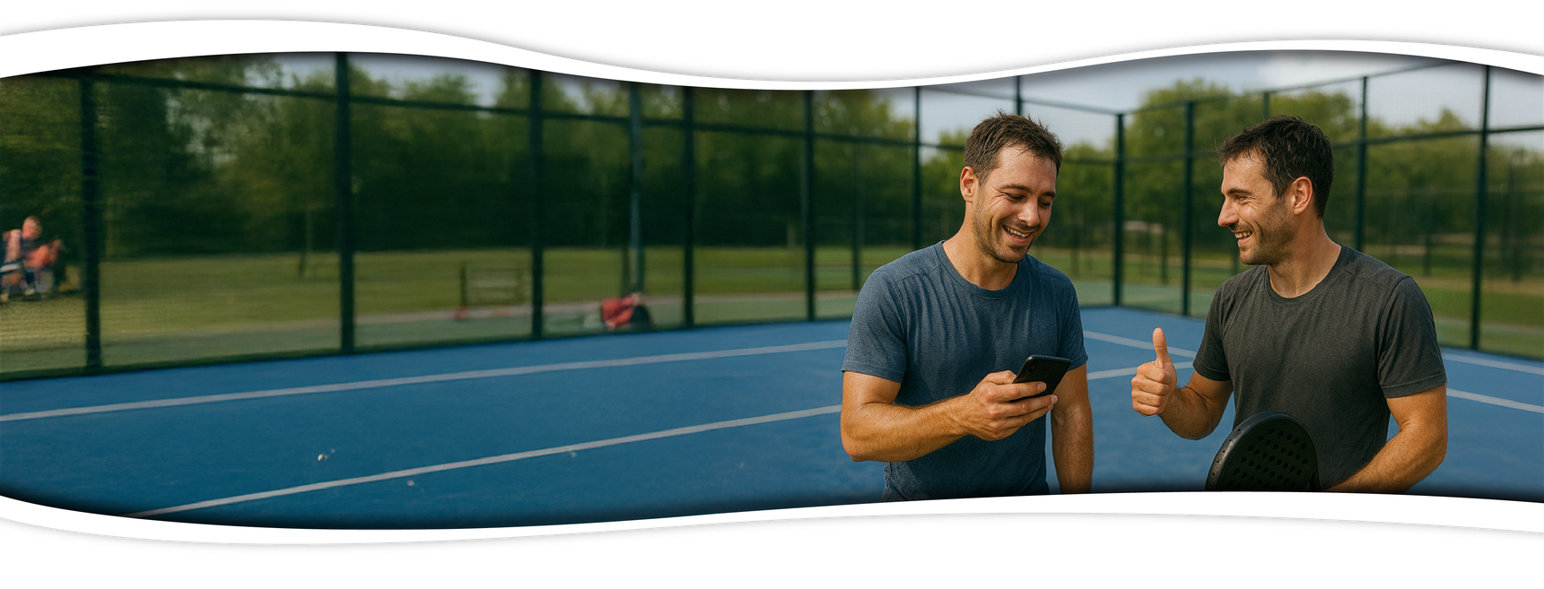 Deux joueurs de padel satisfaits après avoir réglé leur commande depuis l'application 15A
